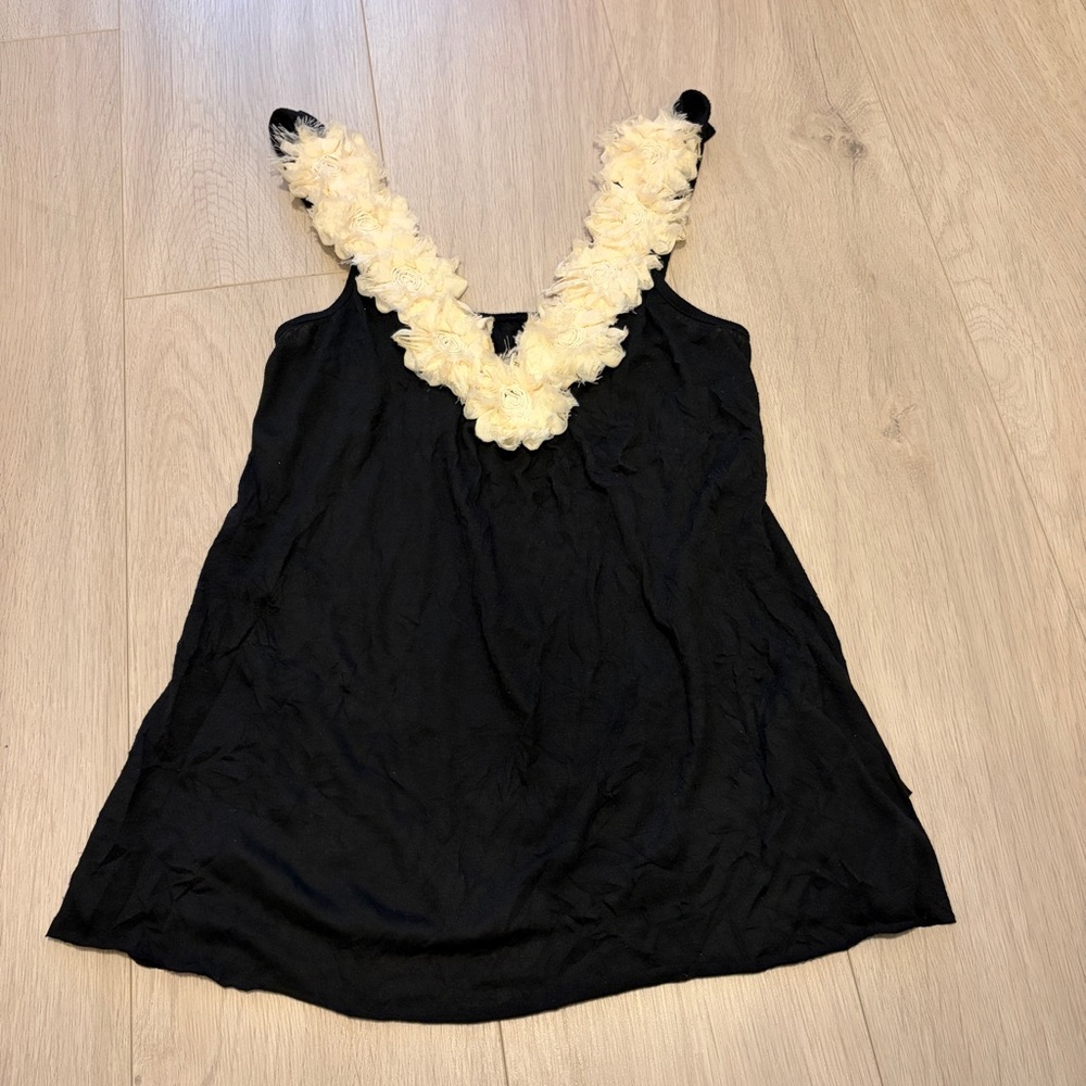 Black Top with Cream Floral Trim